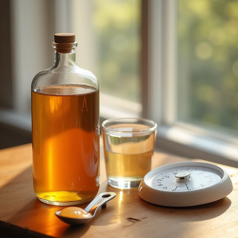 Vinagre de maçã, colher medidora e balança para emagrecimento