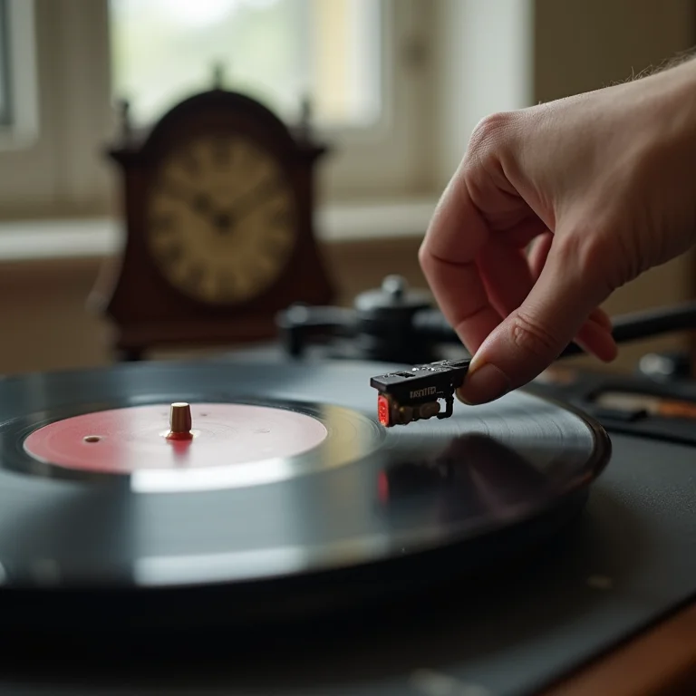 Vinil sendo colocado em toca-discos com relógio de vinil ao fundo