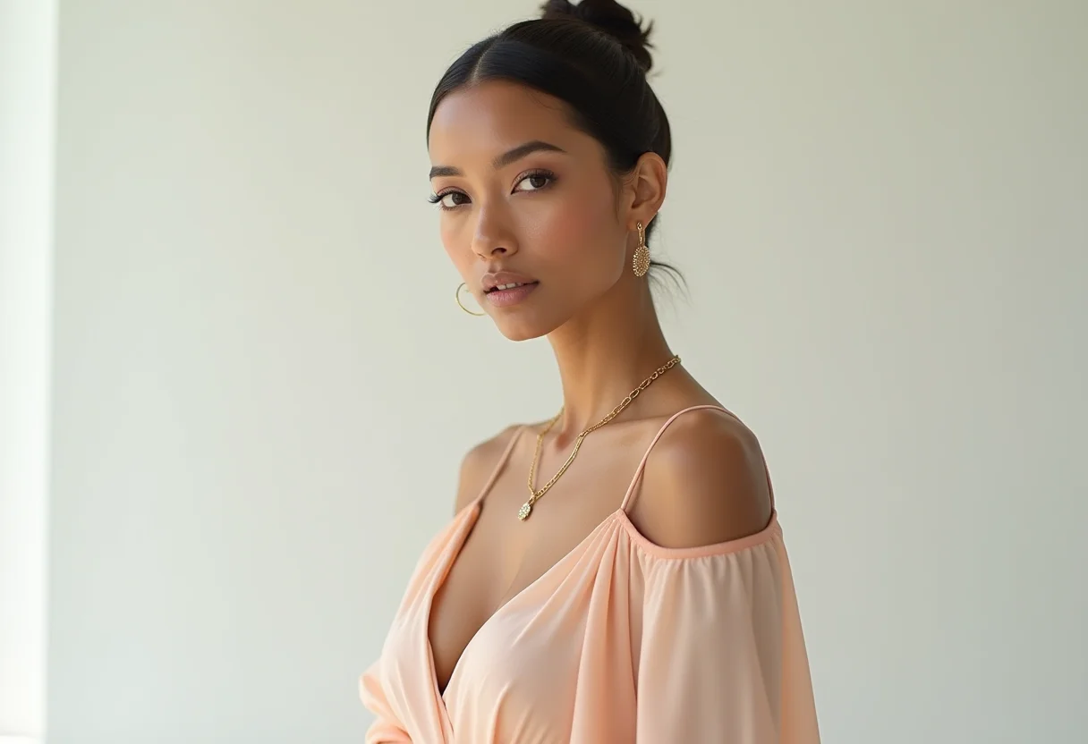 Tendências de Moda Feminina: Um Guia Essencial de Estilo Woman in flowing pastel dress with gold jewelry