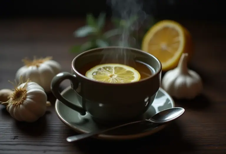 Xícara de chá de alho fumegante com limão e gengibre.