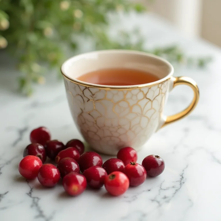 Xícara de chá de cavalinha e cranberries frescas sobre bancada de mármore.