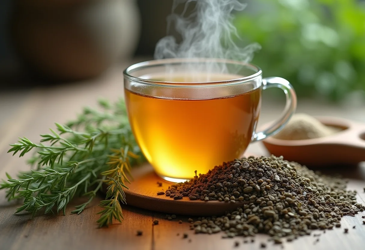 Chá de cavalinha: Segredo revelado para um preparo perfeito Xícara de chá de cavalinha fumegante com ervas frescas e secas ao lado.