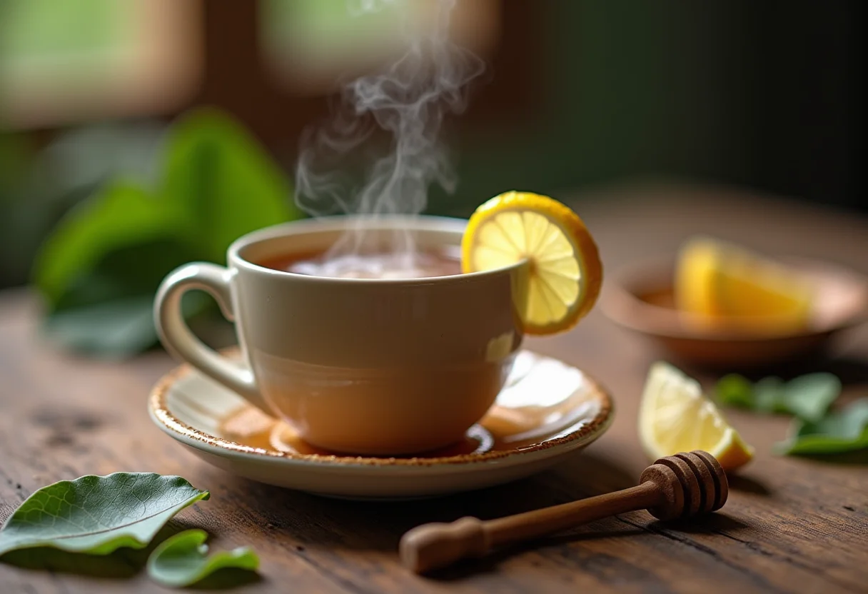 Chá de Guaco: O segredo natural para aliviar a tosse rápido Xícara de chá de guaco fumegante com folhas frescas, mel e limão.