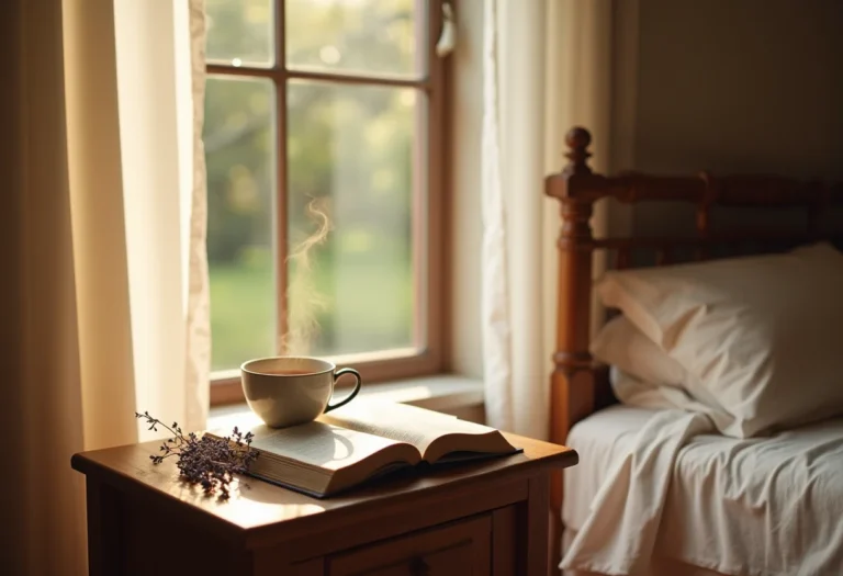 Xícara de chá de Mulungu em mesa de cabeceira rústica, luz natural.