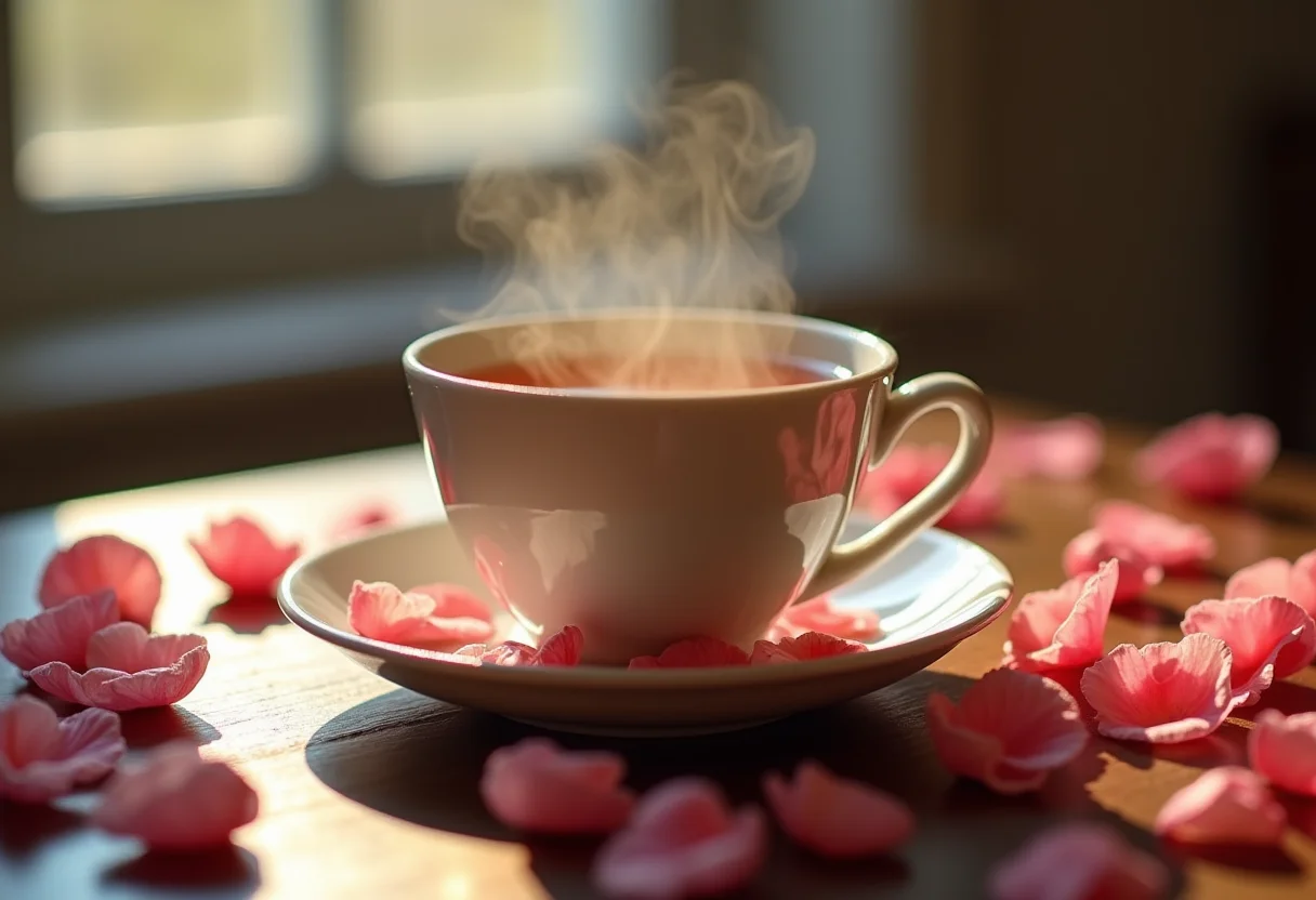 Chá de Rosas: O segredo para uma pele radiante (e como preparar) Xícara de chá de rosas fumegante com pétalas ao redor.