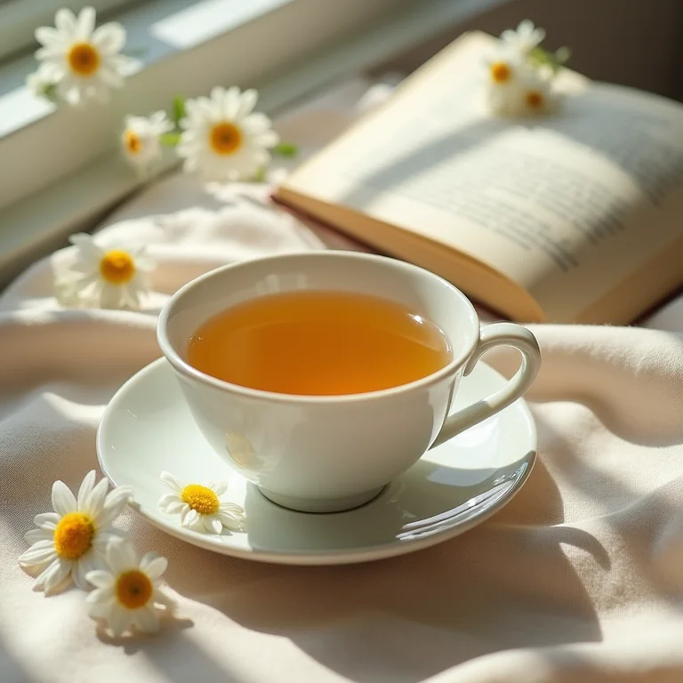 Xícara de chá e livro de poesia com luz suave