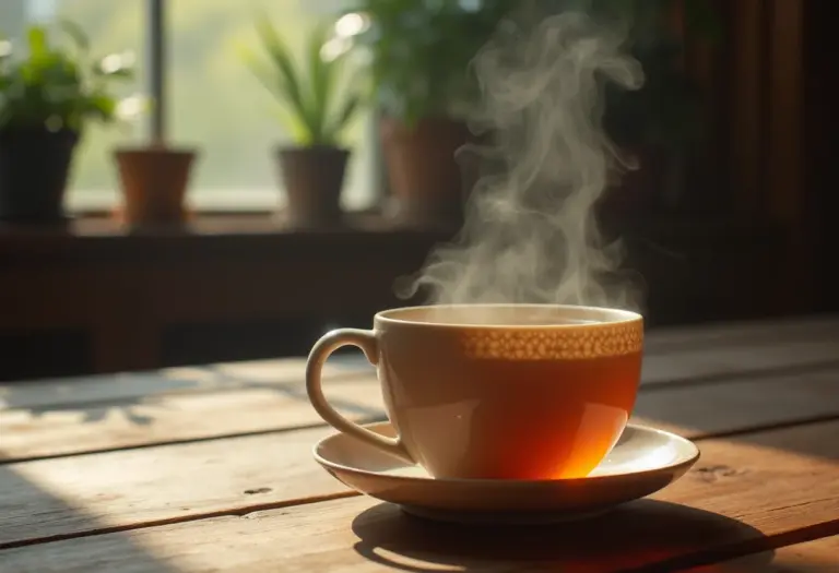 Xícara fumegante de chá de ginseng.