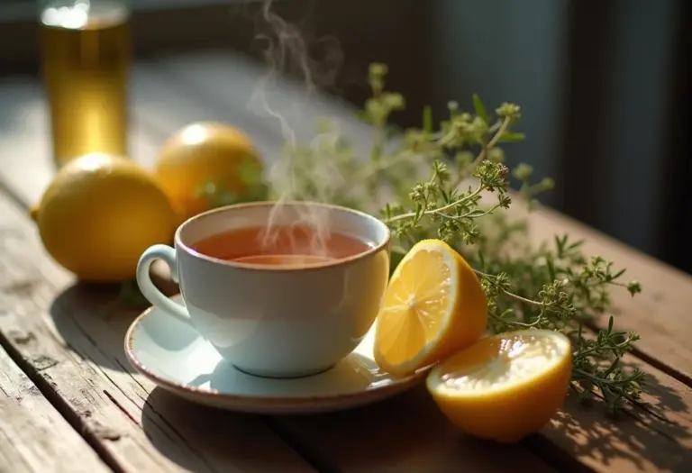 Xícara fumegante de chá de poejo com limão