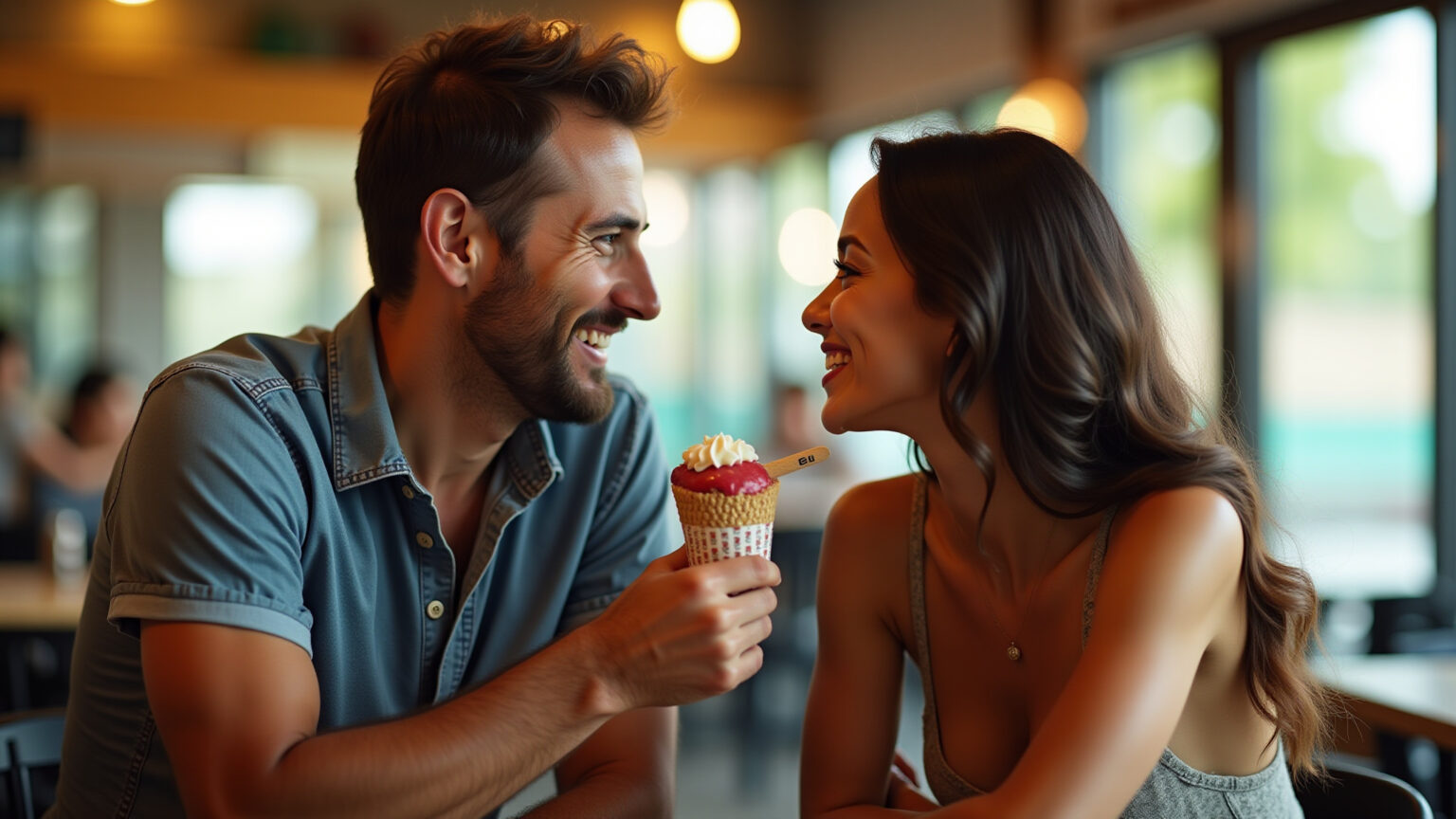 Homem brasileiro sorrindo e olhando atentamente para a namorada em um café vibrante.