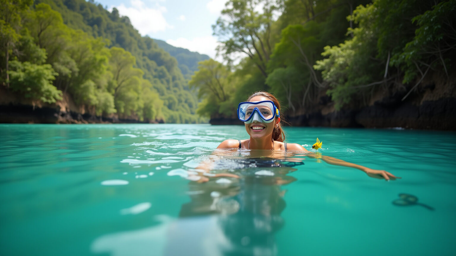 Flutuação no Rio da Prata em Bonito, MS, com águas cristalinas e fauna exuberante.