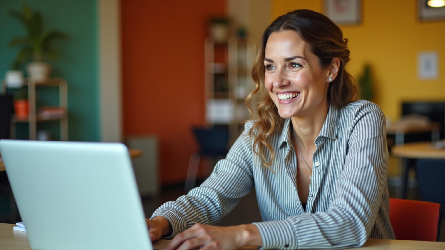 Mulher sorrindo analisando avaliações de produtos no laptop.