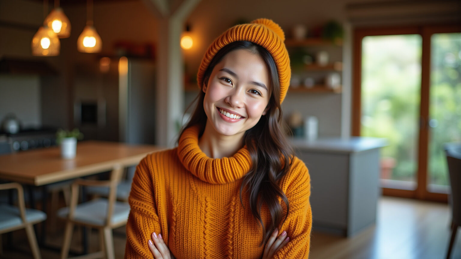 Mulher sorrindo usando blusa de frio grossa e estilosa.