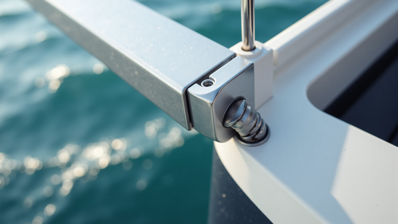 Dobradiça para portas e tampas em aço inox fundido para uso náutico Dobradiça de aço inox fundido para uso náutico instalada em porta de embarcação.