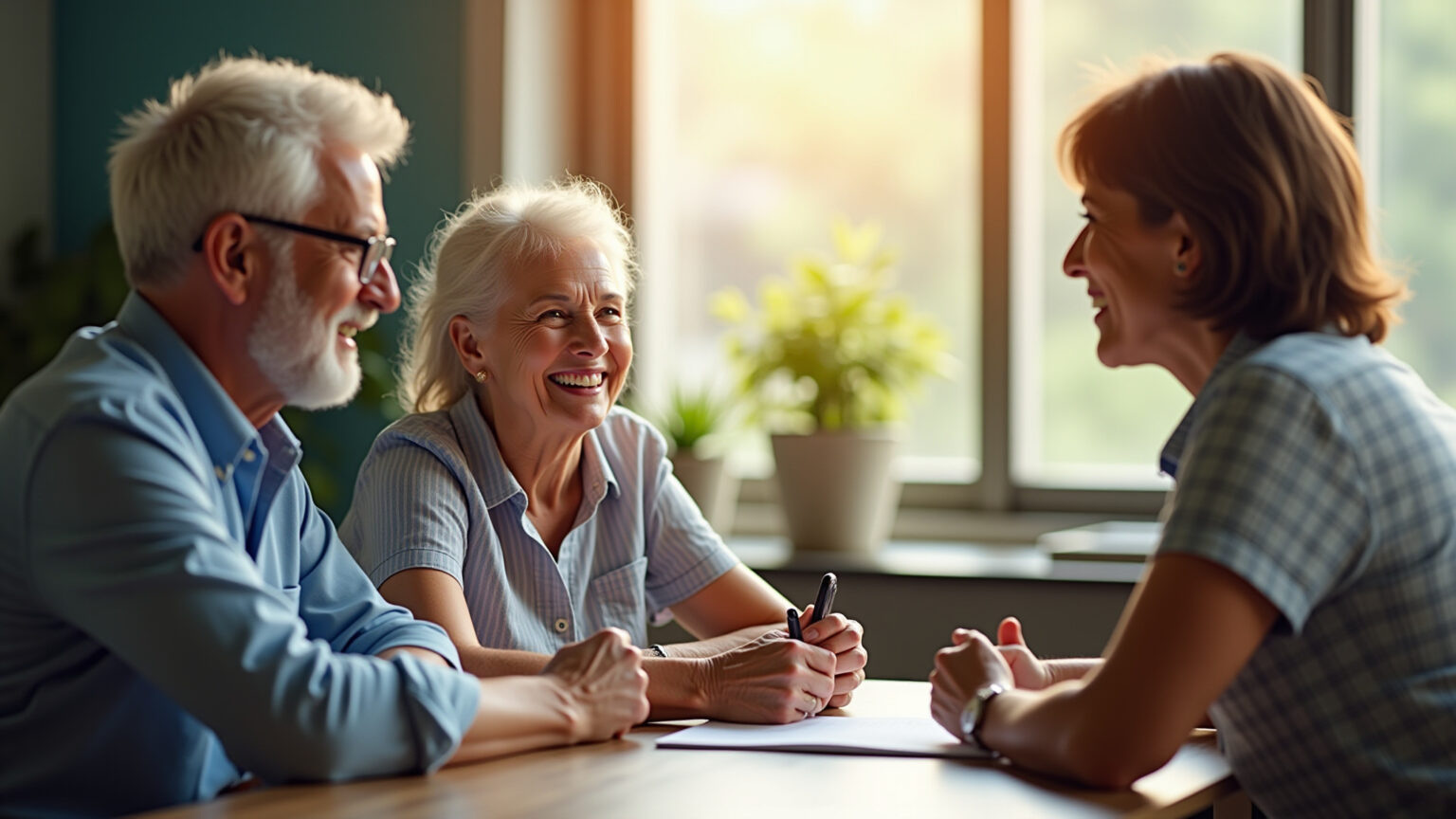 Plano de Saúde para Idoso: Melhores Opções 2026 e Preços Casal idoso sorrindo consultando plano de saúde com agente.