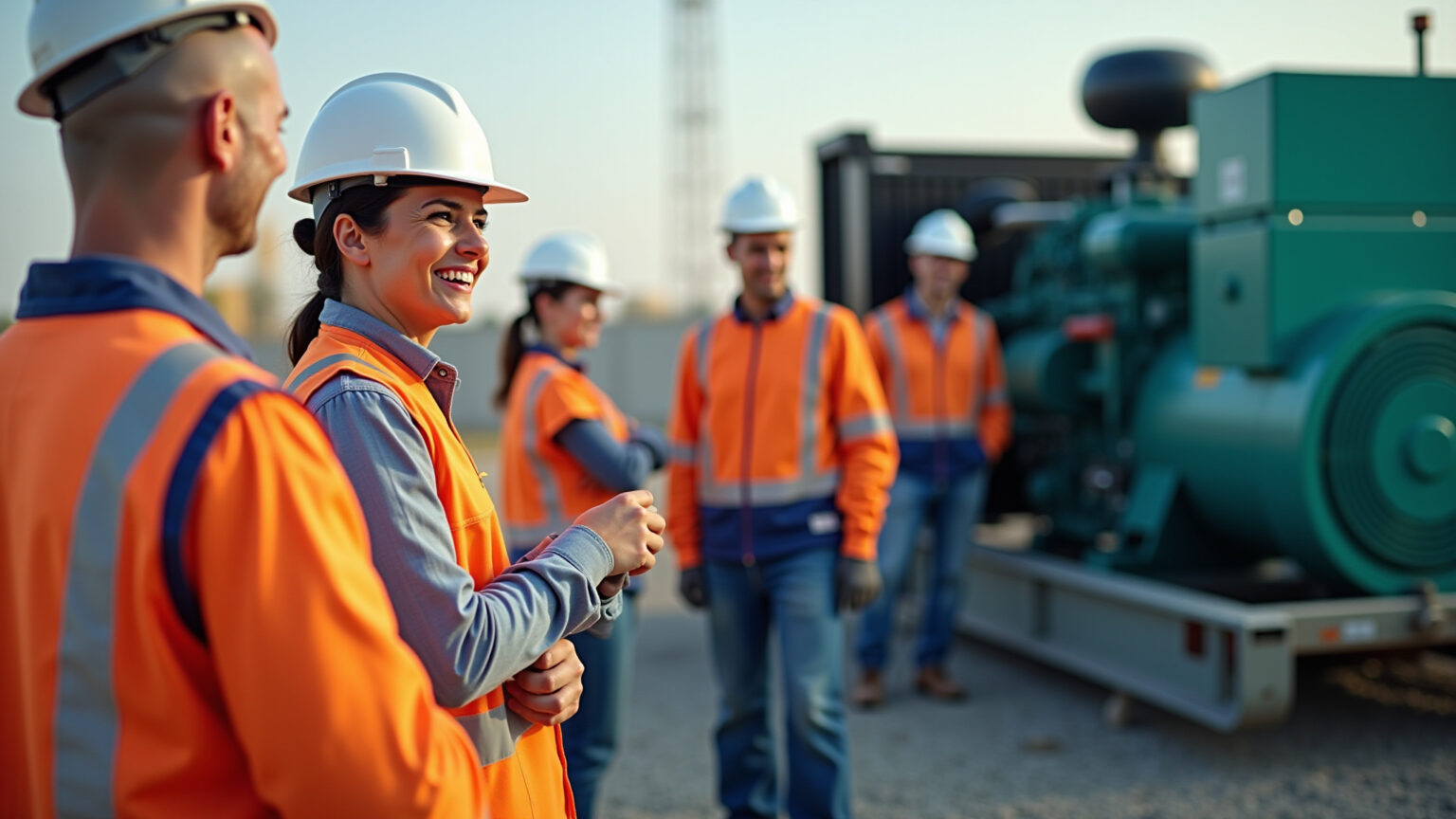 Gerador diesel em uso em obra, garantindo energia.