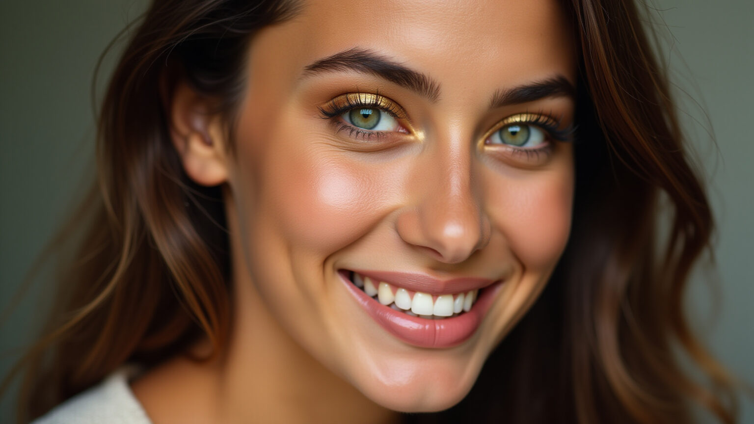 Mulher de olhos verdes aplicando sombra dourada.