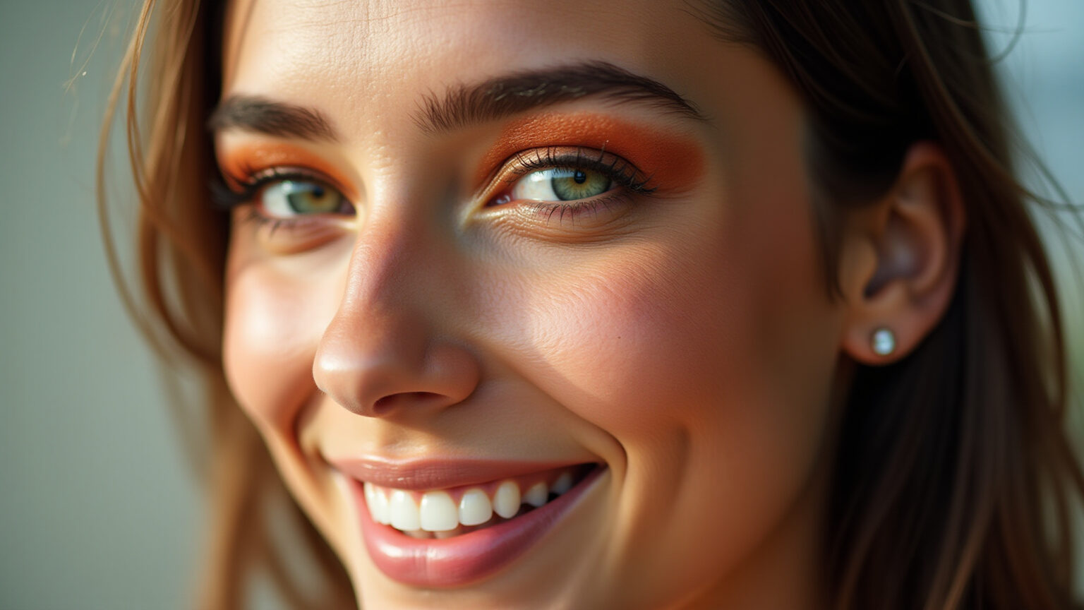 Mulher de olhos verdes aplicando sombra cobre.