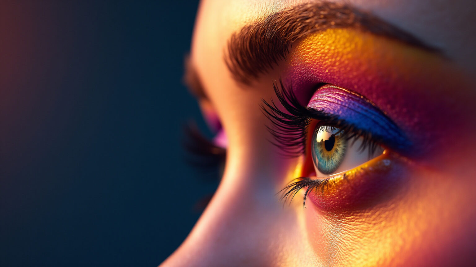 Olho feminino com maquiagem degradê vibrante e sombras coloridas.