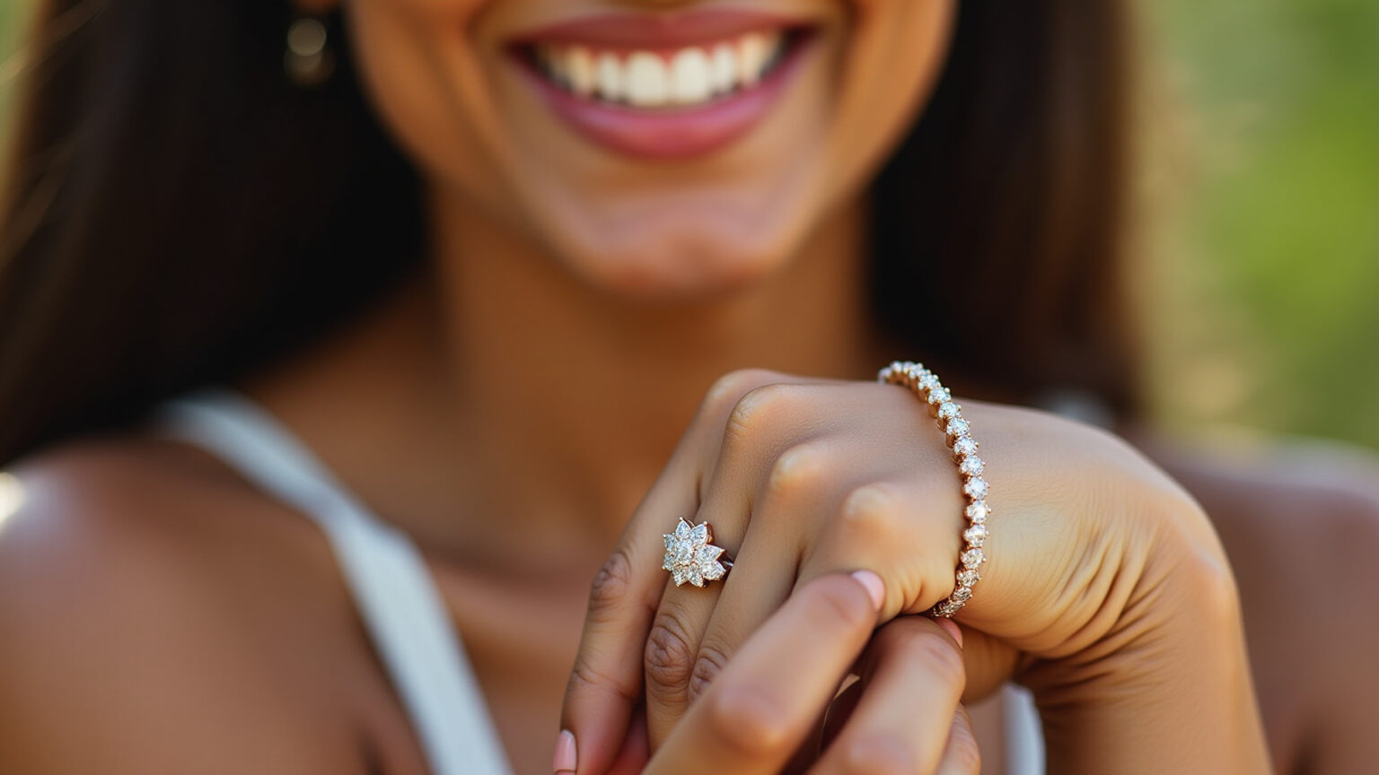 Essa pulseira moissanite virou queridinha entre as mulheres Pulseira moissanite brilhante no pulso de uma mulher sorrindo.
