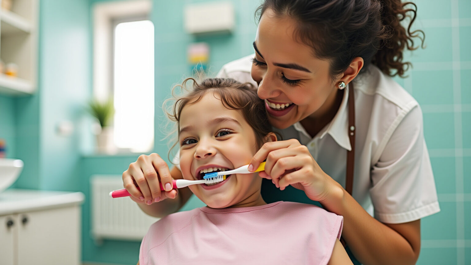Mãe sorrindo ajuda criança a escovar os dentes em banheiro colorido.