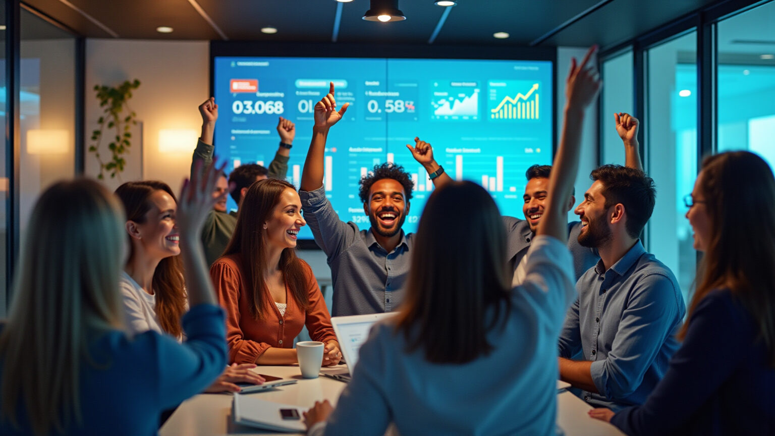 Empreendedores de sucesso comemorando crescimento em marketing de afiliados.