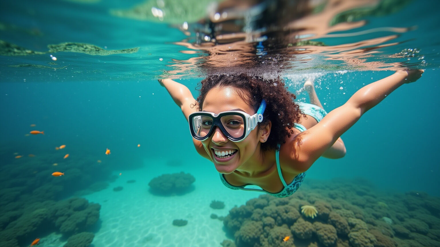 Mulher sorrindo mergulhando em águas cristalinas com corais coloridos.