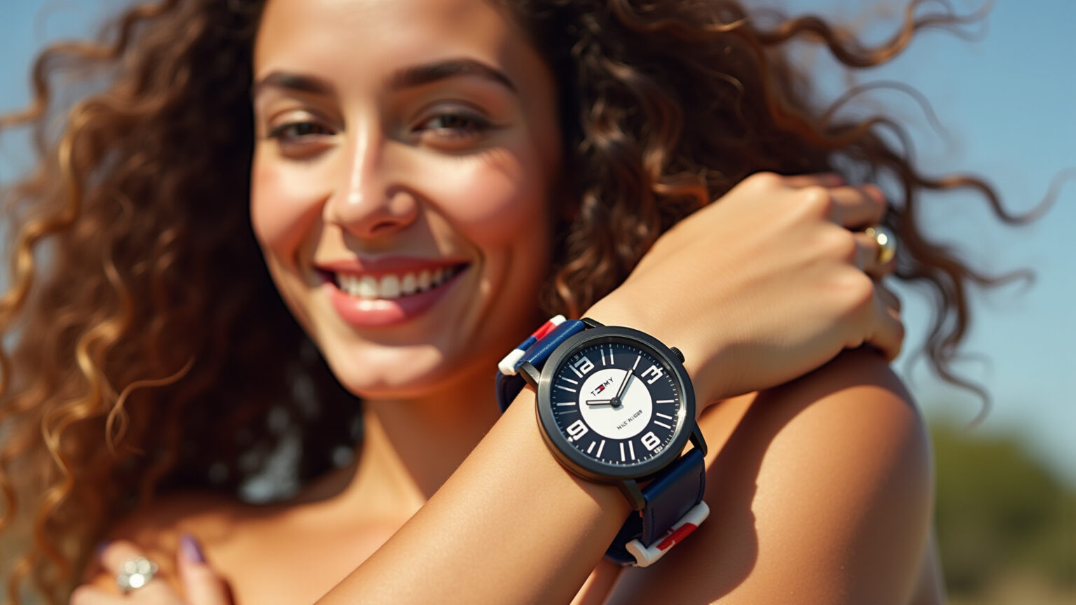 Mulher sorrindo usando relógio Tommy Hilfiger elegante.