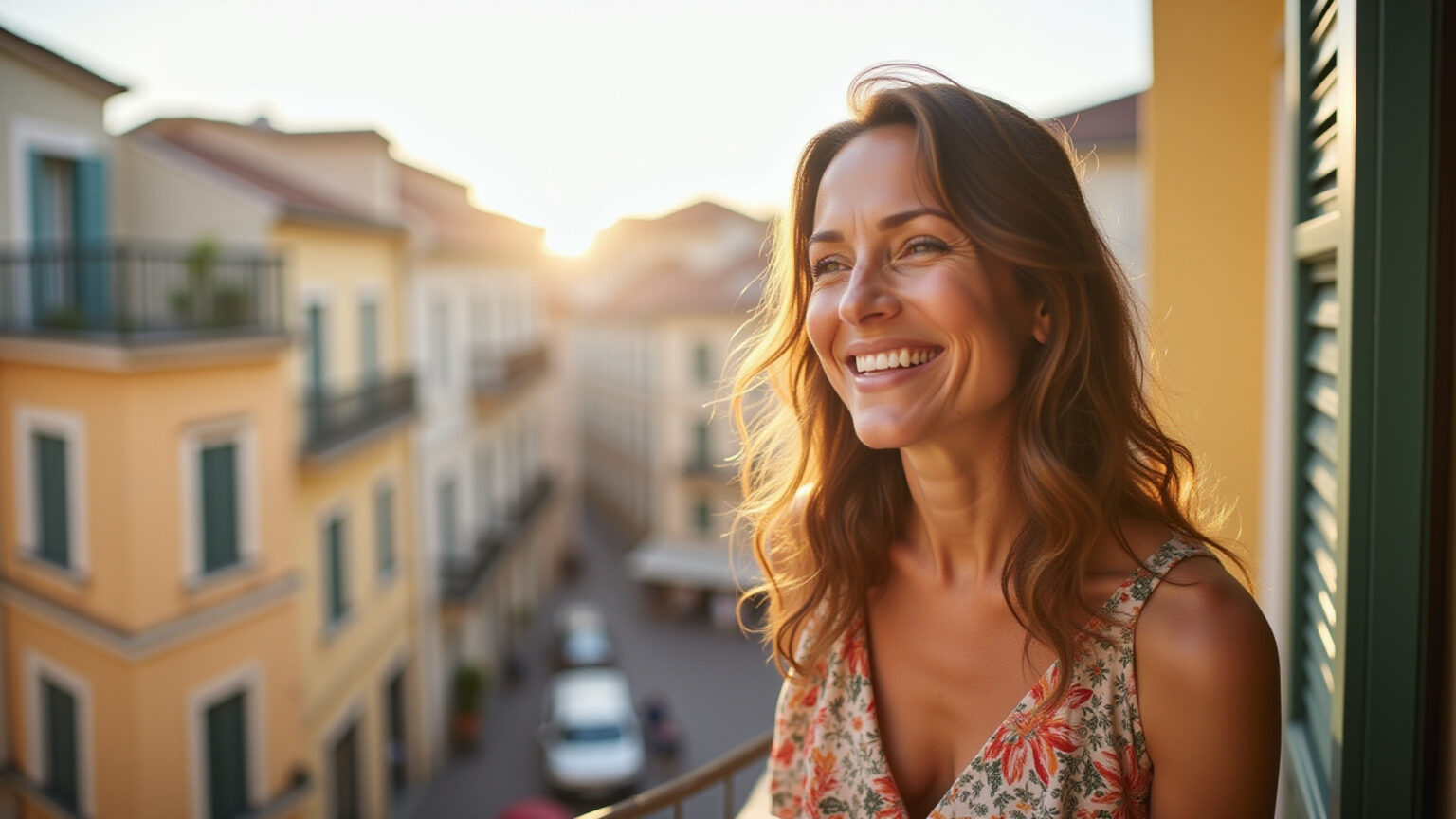 Mulher brasileira bem-sucedida aproveitando a tranquilidade em uma varanda europeia.