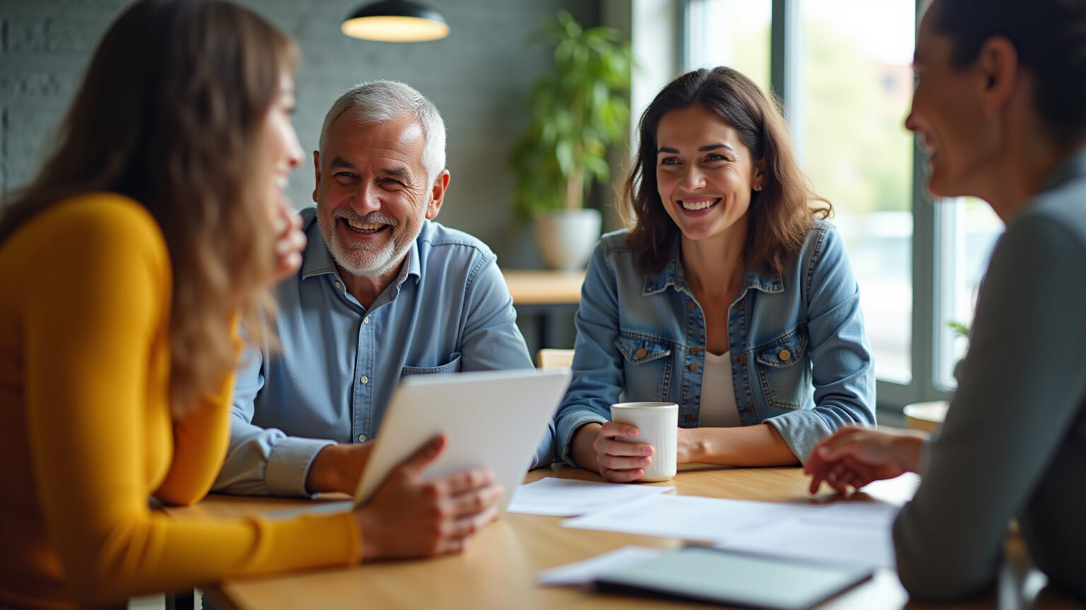 Adultos brasileiros sorrindo enquanto discutem planos de saúde com coparticipação.