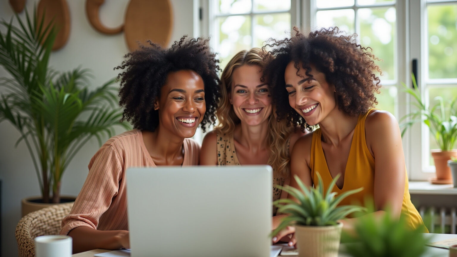 Empreendedoras digitais brasileiras sorrindo e colaborando em um escritório moderno.