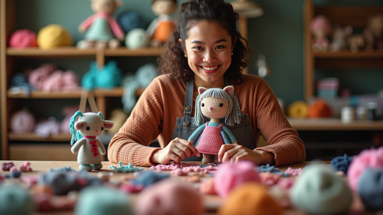 Artesã brasileira sorrindo e fazendo boneca amigurumi em oficina colorida.