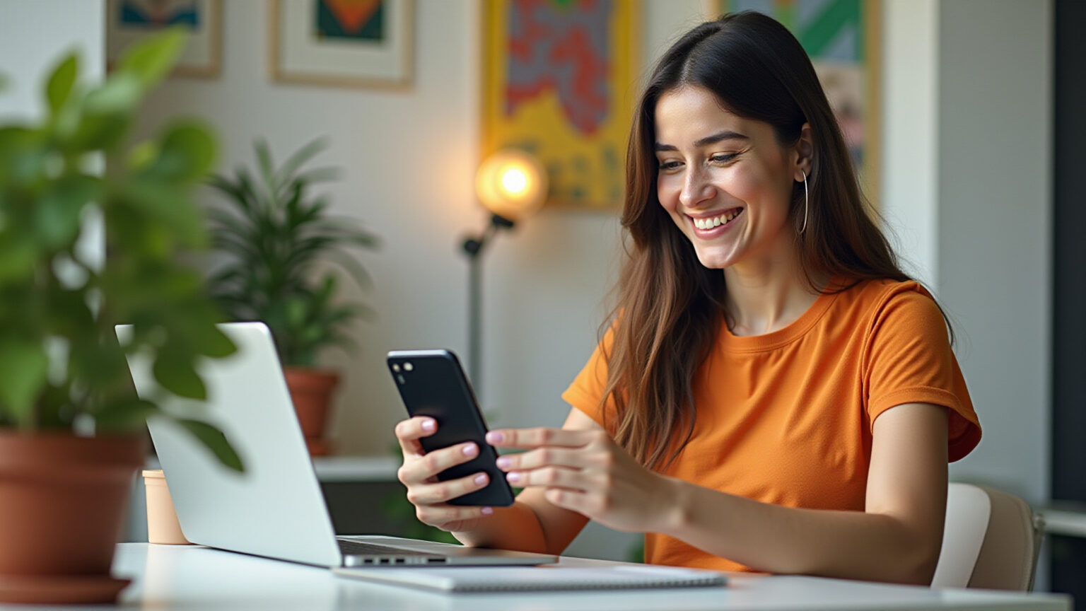 Mulher brasileira usando gerador de letras online no celular.
