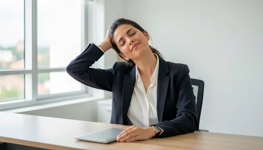 Ginástica laboral: Exercícios rápidos para fazer usando a cadeira do escritório Mulher fazendo alongamento de pescoço na cadeira do escritório